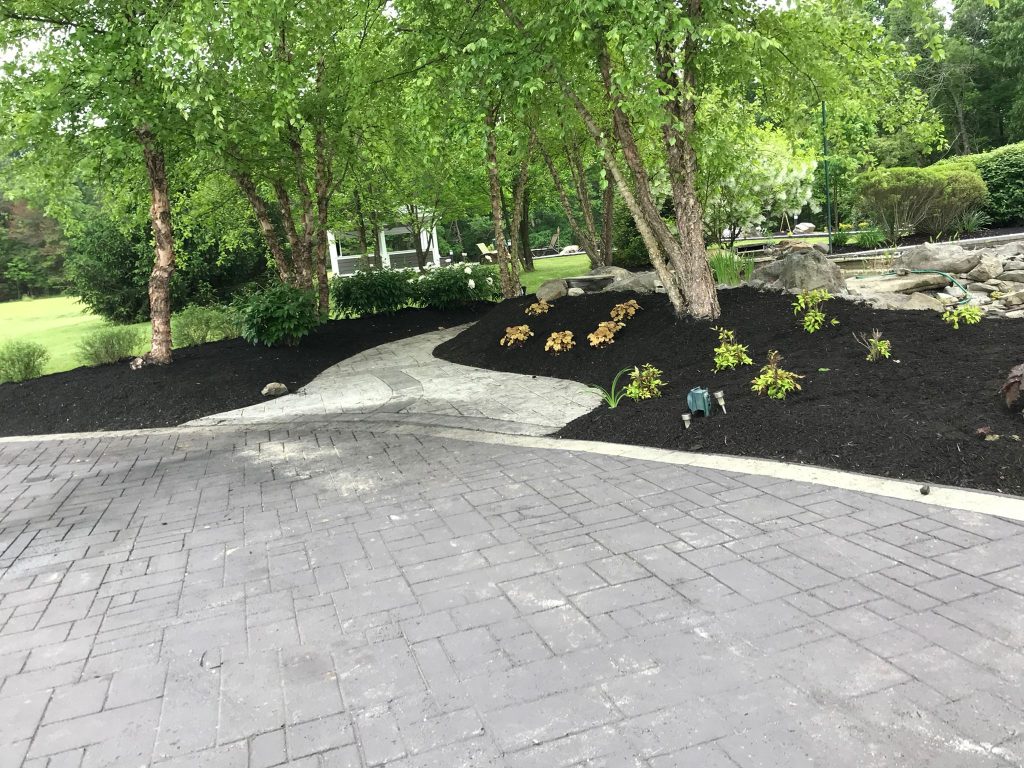 Freshly mulched landscape beds with trees and shrubs beside a paved driveway